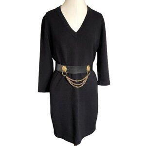 St John Black Wool Blend Santana Knit V-Neck Knee Dress - 6, made in USA 🇺🇸